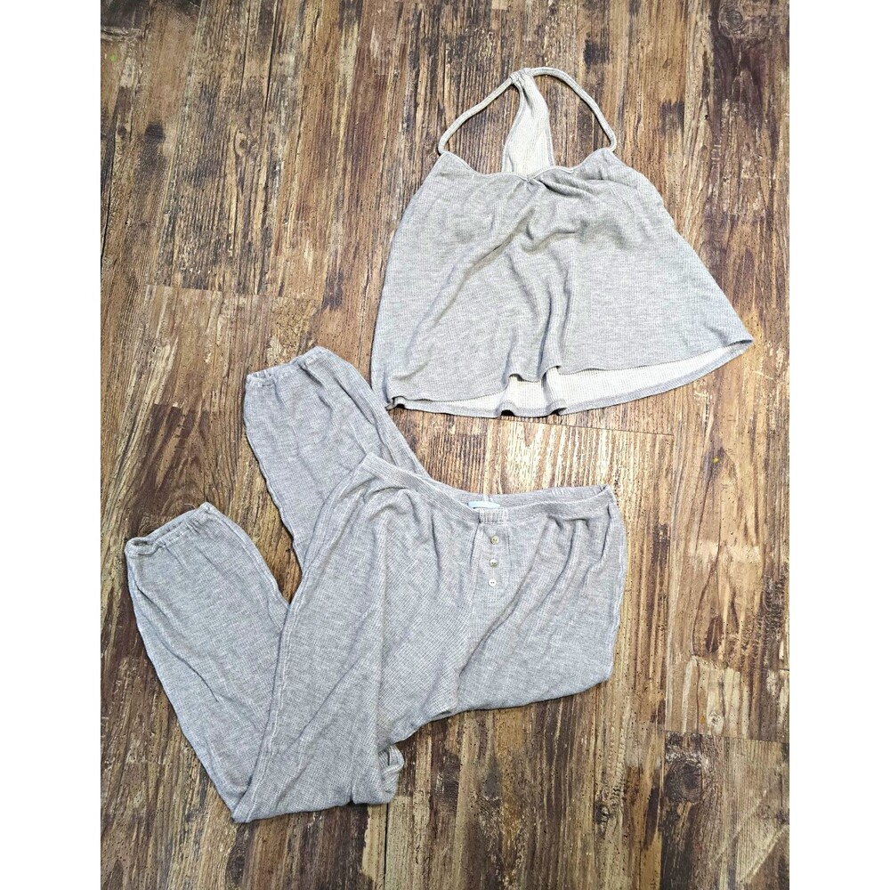 Eberjey Gray Waffle Knit Cami Jogger Pajama Set V-Neck Drawstring Button S